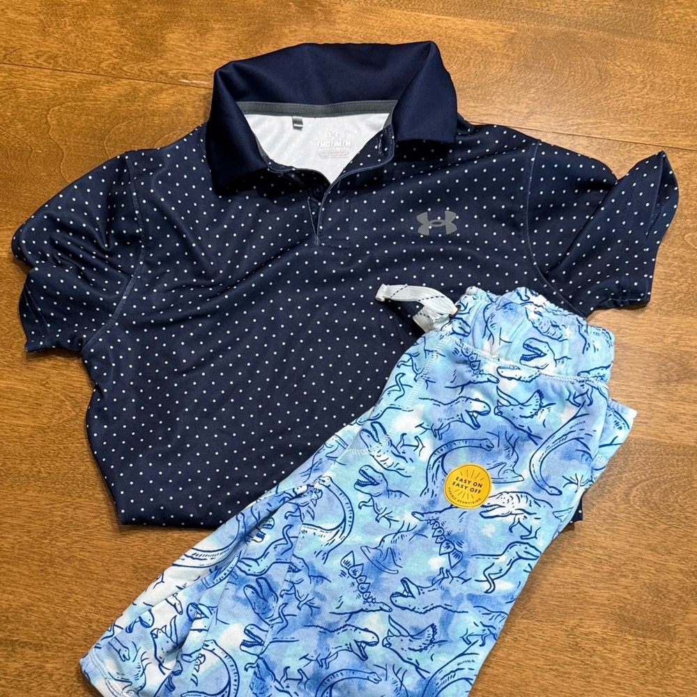 Under Armour Kids Navy Polka Dot Polo, Dinosaur Shorts